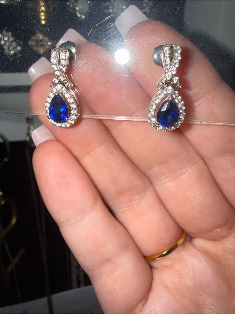 Silver Teardrop Sapphire-Blue Halo Drop Earrings - Women Jewelry
